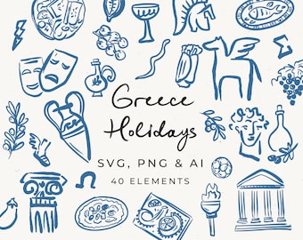 May include: Blue and white hand-drawn illustrations of Greek symbols, food, and architecture. The text "Greece Holidays" is written in black cursive. The text "SVG, PNG & AI 40 ELEMENTS" is written in black.