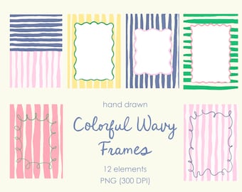 Hand Drawn Wavy Border Clipart, Scallop Frame for Wedding Invitation, Watercolor Doodle Frames for Bachelorette, Palm Springs Party Clipart