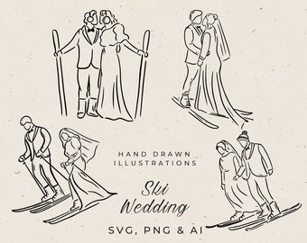 Wedding Ski Couple Silhouette Sketch in SVG, Bride and Groom Illustration, Couple Wedding Clipart, Bride and Groom Skiing Outline Drawing
