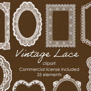 Puede incluir: Una colección de imágenes prediseñadas de marcos de encaje blanco en varias formas, incluyendo diseños ovalados, rectangulares y arqueados, sobre un fondo marrón. El texto "Vintage Lace clipart" se muestra en cursiva.