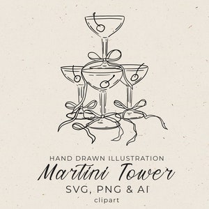 Puede incluir: Un dibujo en blanco y negro de una torre de copas de martini con tres copas y cerezas en la parte superior. El texto "Martini Tower" está debajo de la imagen.