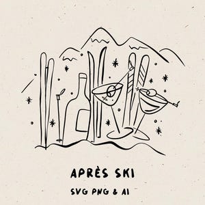 Handgezeichnete Illustrationen von Apres-Ski-Cocktailparty im wunderlichen Stil, Urlaubs-Cocktails-Zeichnungen, schrullig für die Barkarte