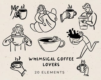 Clipart de café dibujado a mano con un estilo caprichoso, ilustraciones francesas con garabatos, clipart lindo dibujado a mano en PNG, ilustraciones vectoriales con tinta