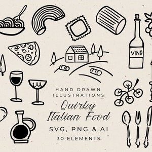 Hand Drawn Italian Dinner Illustrations in Whimsical Style, Rehearsal Dinner Invitation Icons, Wedding illustration Clipart for Menu