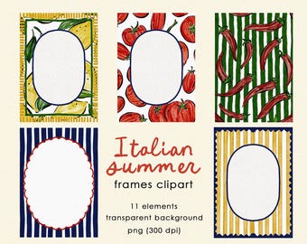 Hand Drawn Italian Watercolor Frames Clipart, Italian Dinner Wavy Frames, Hand Drawn Watercolor Stripe Borders, Wedding Illustrations