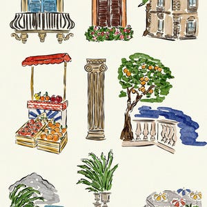May include: Watercolor illustration featuring architectural elements and scenes. Includes a window with blue shutters, a fruit stand with oranges, a classical column, a tree with oranges, and a beach scene with umbrellas.