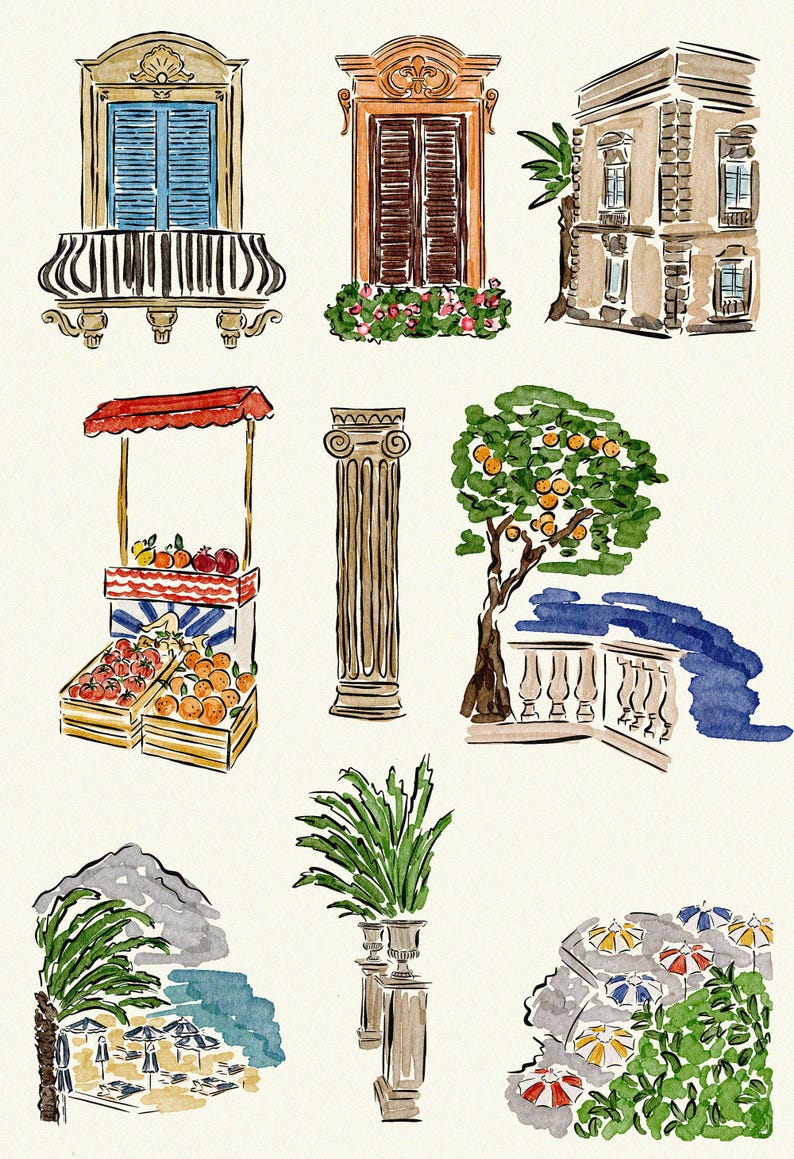 May include: Watercolor illustration featuring architectural elements and scenes. Includes a window with blue shutters, a fruit stand with oranges, a classical column, a tree with oranges, and a beach scene with umbrellas.