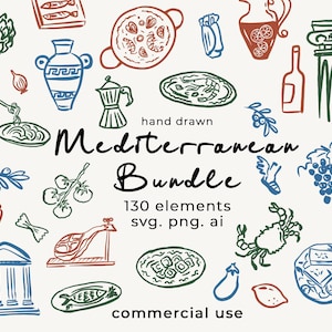 Hand Drawn Mediterranean Food Doodle Bundle in Whimsical Style, Greeceб Spanish and Italian Doodle in SVG, Commercial Use, Editable in Canva