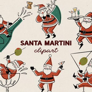 Handritade illustrationer av jultomten i Martini, clipart med gladare Martini, retro jultomte i Martini, illustrationer med mitten av århundradet bild 1
