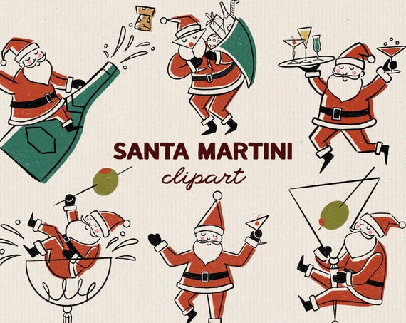 Hand Drawn Santa Claus Martini Illustrations, Merrier With Martini Clipart, Retro Santa in Martini, Midcentury Christmas Illustrations