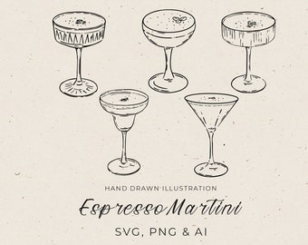 Espresso Martini Drawing in SVG, Espresso Martini Cocktail Sketch Illustration in PNG, Cocktail Clipart for Wedding Drink Signature Menu