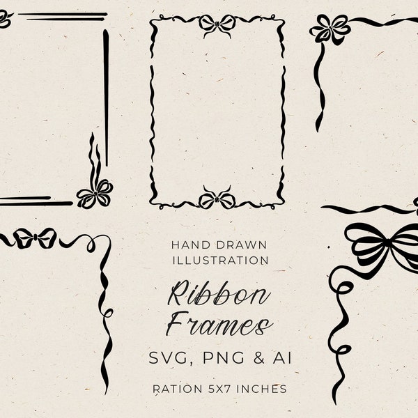 Whimsical and Quirky Hand Drawn Ribbon Border in SVG, Frames for Wedding Invitation, Wedding Bow Border Editable in Canva, Bow Border 5x7