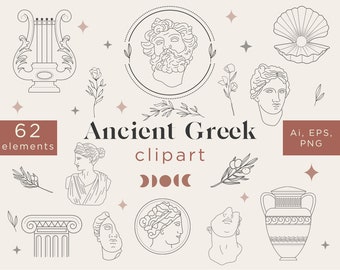 Ancient Greek Art, Greek Mythology Clipart in Minimalist Style, Greek Goddess & Gogs Logo in PNG, Planner Stickers Digital Download