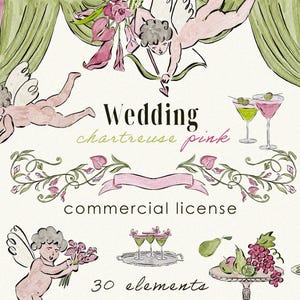 May include: Watercolor illustration with a wedding theme. Features cherubs, martini glasses, a tiered cake, and floral elements. The text reads "Wedding chartreuse pink" and "commercial license". Includes 30 elements.