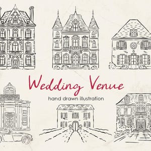 Handgetekende schets clipart bruiloft locatie, Franse bruiloft illustraties voor uitnodigingen, aquarel trouwlocatie tekening, hotel icoon clipart