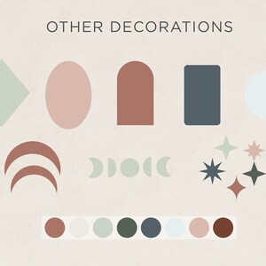 K&ouml;nnte beinhalten: Ein Set digitaler Cliparts mit verschiedenen Formen und Farben, darunter ein Diamant, ein Kreis, ein Bogen, ein Rechteck und Mondphasen. Die Farbpalette umfasst Gr&uuml;nt&ouml;ne, Blaut&ouml;ne, Rosat&ouml;ne und Braunt&ouml;ne. Der Text "OTHER DECORATIONS" befindet sich oben im Bild.