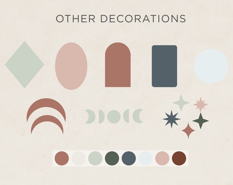 K&ouml;nnte beinhalten: Ein Set digitaler Cliparts mit verschiedenen Formen und Farben, darunter ein Diamant, ein Kreis, ein Bogen, ein Rechteck und Mondphasen. Die Farbpalette umfasst Gr&uuml;nt&ouml;ne, Blaut&ouml;ne, Rosat&ouml;ne und Braunt&ouml;ne. Der Text "OTHER DECORATIONS" befindet sich oben im Bild.