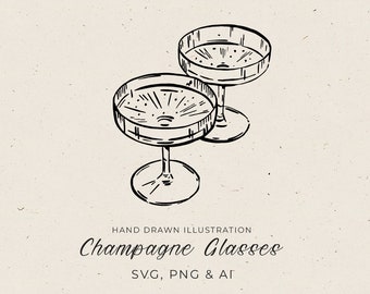 Hand Drawn Champagne Glasses Illustration in Quirky Style, Martini Cocktail Graphics in SVG, Champagne Coupe for Wedding Invitation