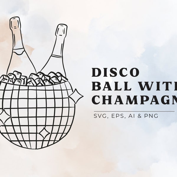 Disco Ball with Champagne Bottle in SVG, Champagne Bottle in Ice Bucket, Disco Illustration, Kitchen Wall Art, Party Clipart