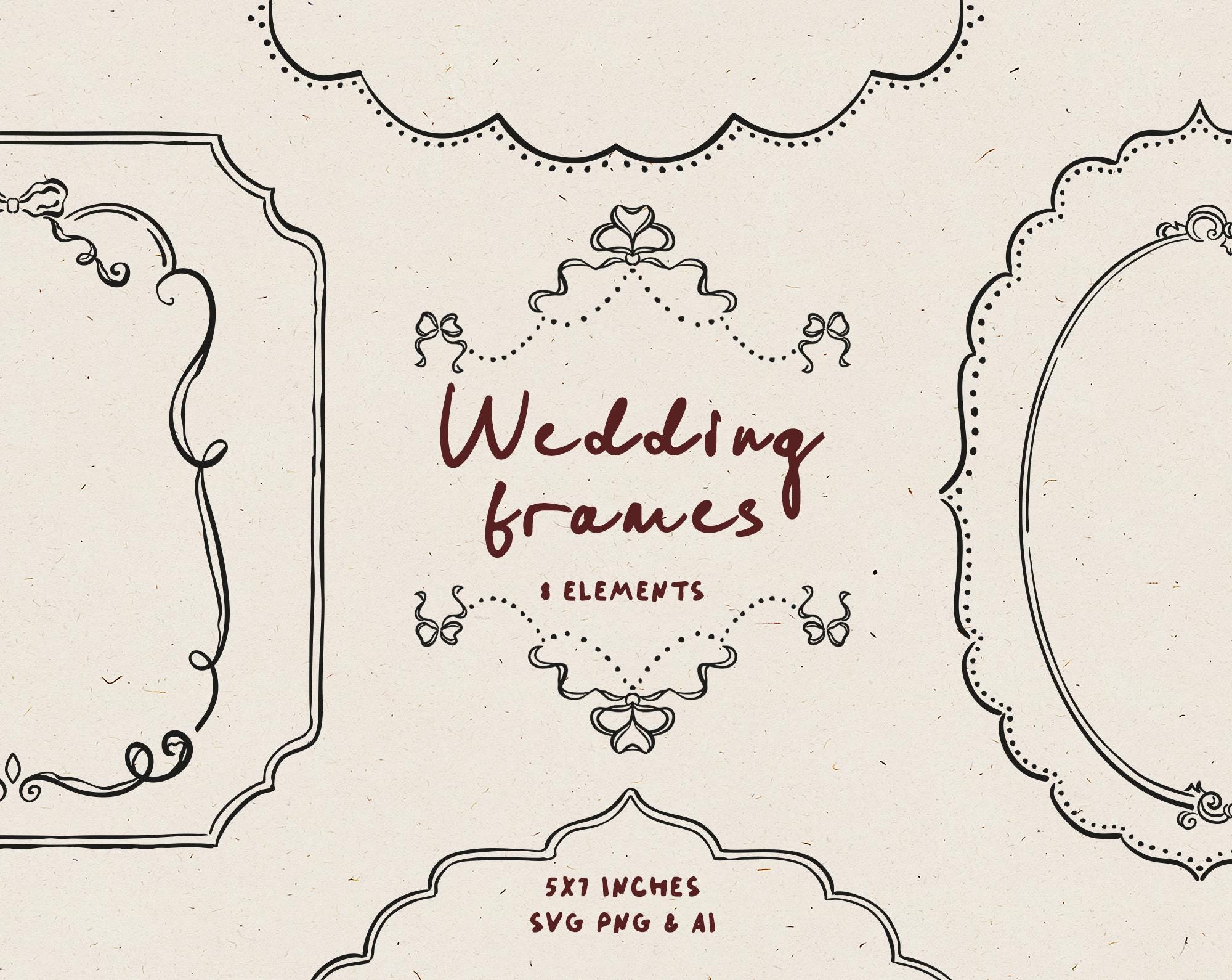 Hand Drawn Frames in Whimsical Style, Oval 5x7 Border Clipart for Wedding Invitations, Baroque and Vintage Frame in SVG Editable in Canva