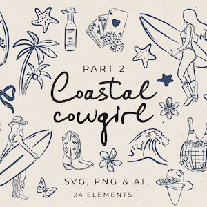 Hand Drawn Coastal Cowgirl Clipart in SVG, Beach Club Bach Template Editable in Canva, Coastal Bachelorette Whimsical Doodle Illustration