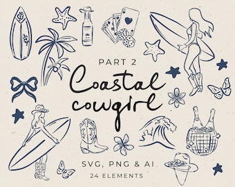 Hand Drawn Coastal Cowgirl Clipart in SVG, Beach Club Bach Template Editable in Canva, Coastal Bachelorette Whimsical Doodle Illustration