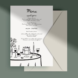 Handgezeichnete Hochzeitsmenü-Vorlage Vollständig bearbeitbar in Canva, Probe-Dinner-Illustration im wunderlichen Stil, Menü druckbare Vorlage
