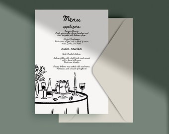 Modelo de menu de casamento desenhado à mão totalmente editável em Canva, ilustração de jantar de ensaio em estilo caprichoso, modelo de menu para impressão