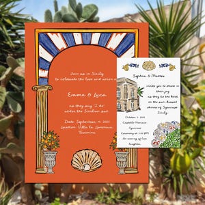 May include: Two wedding invitations with an Italian theme. The main invitation is orange with an arch design and text. The smaller invitation is white with a building illustration and text. The background includes plants and a blue sky.