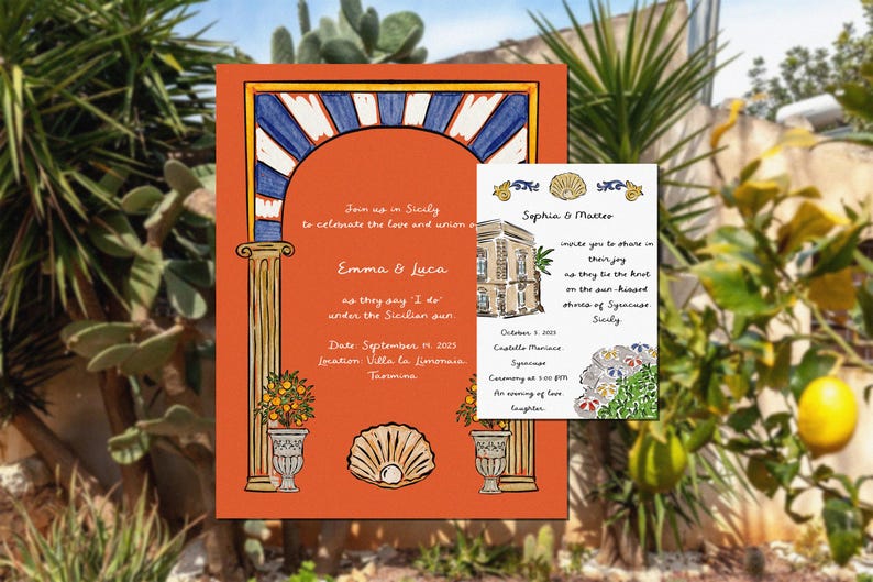 May include: Two wedding invitations with an Italian theme. The main invitation is orange with an arch design and text. The smaller invitation is white with a building illustration and text. The background includes plants and a blue sky.