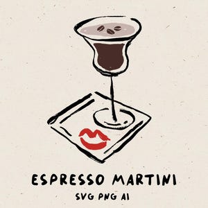 Hand Drawn Espresso Martini Illustration in Whimsy Style, Espresso Martini Coupe Drawing in SVG, Cocktail  for Wedding Drink Signature Menu