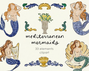 Handgezeichnete Aquarell Illustrationen von Mermaid Clipart, Italienische Illustrationen für Hochzeit und Party, Aquarell Bilderrahmen