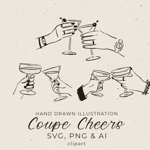 Taças de champanhe desenhadas à mão Cheers em SVG, ilustração Cheers para convite de casamento, convite para salvar a data, brinde com champanhe