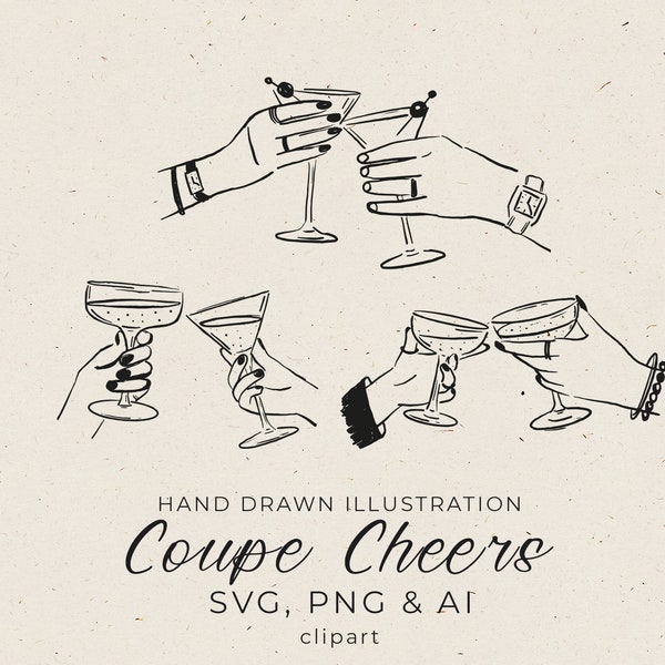 Hand Drawn Champagne Glasses Cheers in SVG, Cheers Illustration for Wedding Invitation, Save The Date Invitation, Champagne Toasting