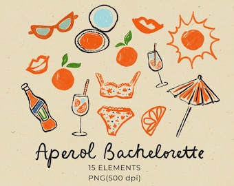 Hand gezeichnet Aperol Junggesellinnenabschied Clipart, Illustrationen für Spritz Bach Party Einladungen, Strand Tropisch Sommer Brautparty