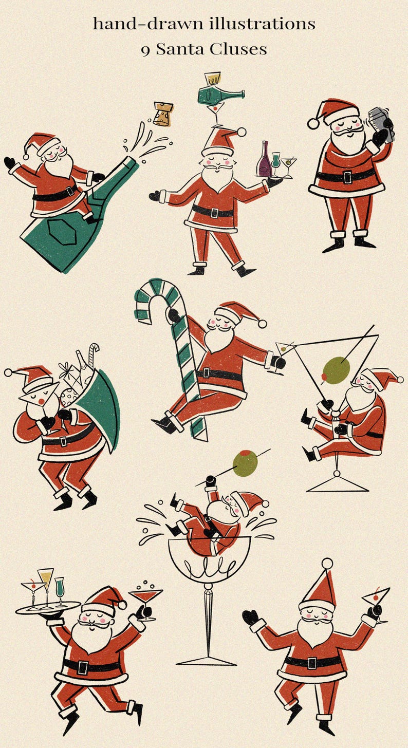 Handritade illustrationer av jultomten i Martini, clipart med gladare Martini, retro jultomte i Martini, illustrationer med mitten av århundradet bild 2