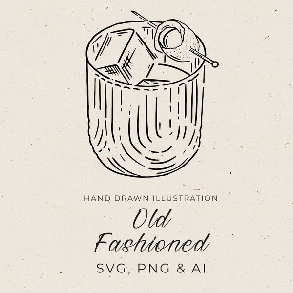 Old Fashioned Cocktail Illustration in SVG, Signature Drink for Wedding, Old Fashioned Drawing Sketch in PNG, Canva Template