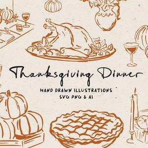 Op de afbeelding: Met de hand getekende illustraties van een Thanksgiving-diner, waaronder een kalkoen, een pompoentaart, pompoenen, kaarsen en wijnglazen. De tekst "Thanksgiving Dinner" is geschreven in een handschrift.