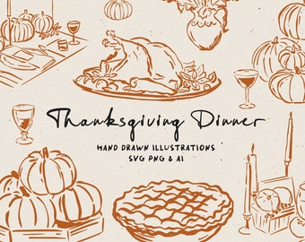 May include: Hand-drawn illustrations of a Thanksgiving dinner, including a turkey, pumpkin pie, pumpkins, candles, and wine glasses. The text "Thanksgiving Dinner" is written in a handwritten font.