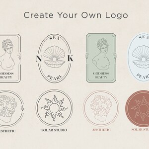 K&ouml;nnte beinhalten: Eine Sammlung von acht Logo-Designs mit verschiedenen Symbolen und Texten. Die Logos beinhalten eine Frauenb&uuml;ste, eine Muschel, eine Sonne und eine M&auml;nnerb&uuml;ste. Der Text beinhaltet "Goddess Beauty", "Sea Pearl", "Aesthetic" und "Solar Studio".