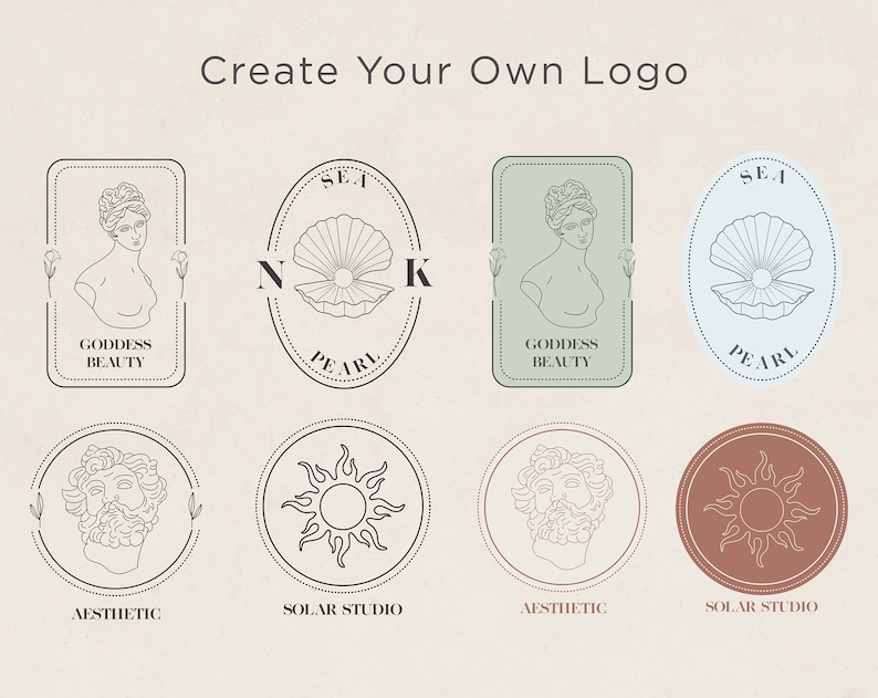 K&ouml;nnte beinhalten: Eine Sammlung von acht Logo-Designs mit verschiedenen Symbolen und Texten. Die Logos beinhalten eine Frauenb&uuml;ste, eine Muschel, eine Sonne und eine M&auml;nnerb&uuml;ste. Der Text beinhaltet "Goddess Beauty", "Sea Pearl", "Aesthetic" und "Solar Studio".