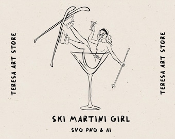 Hand Drawn Illustration of Ski Girl in Martini in Whimsical Style, Ski Bachelorette Party Drawing, Ski Cocktail Party in SVG, Canva Template