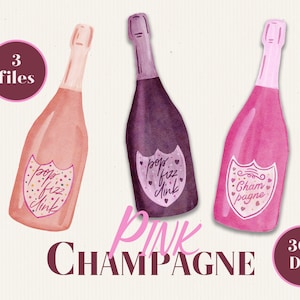 Pink Watercolor Champagne Bottle in PNG, Rose Wine Watercolor Clipart, Pop Clip, Champagne Brunch Illustrations, Kitchen Wall Art
