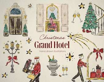 Handritad akvarell julhotell Clipart, lyxhotellillustrationer för jul, grafik för fin restaurang, illustration för restaurangevenemang