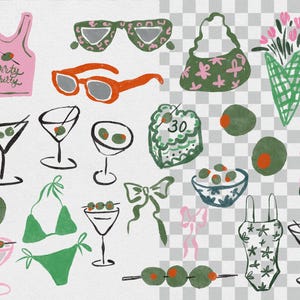 May include: A collection of illustrations featuring a variety of items, including a pink tank top with the text "Dirty Thirty", a green purse, a bouquet of pink flowers, a champagne bottle, a pair of sunglasses, martini glasses, olives, a green bikini, a green swimsuit, and a cake with the number 30 on it.