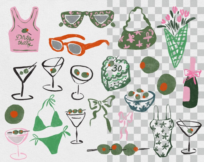 May include: A collection of illustrations featuring a variety of items, including a pink tank top with the text "Dirty Thirty", a green purse, a bouquet of pink flowers, a champagne bottle, a pair of sunglasses, martini glasses, olives, a green bikini, a green swimsuit, and a cake with the number 30 on it.