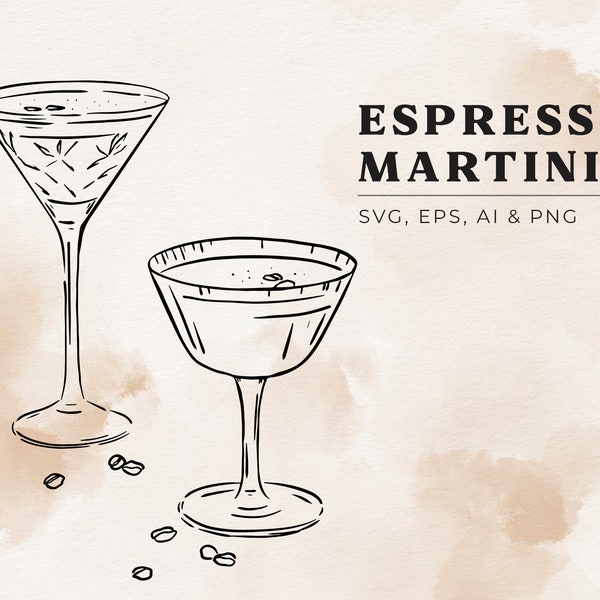 Espresso Martini Cocktail Illustration in SVG, Hand Drawn Espresso Martini Clipart, Drinks Drawing in PNG, Wedding Bar Menu, Edit in Canva