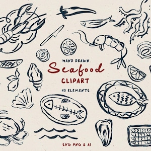 Handgetekende illustratie van zeevruchten, mediterraan eten iconen clipart, repetitie diner tekeningen, bruiloft menu bundel bewerkbaar in canva