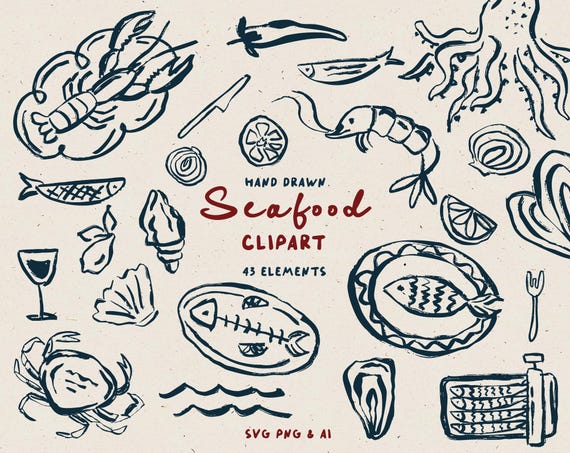 Hand-Drawn Illustration of Seafood, Mediterranean Food Icons Clipart, Rehearsal Dinner Drawings, Wedding Menu Bundle Editable in Canva