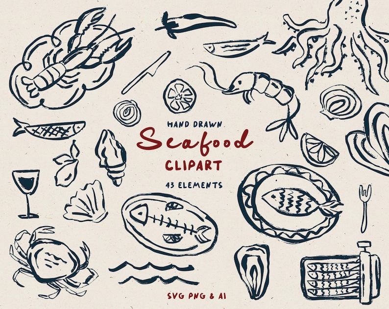 May include: A set of 43 hand-drawn black and white illustrations of seafood, including lobster, shrimp, fish, octopus, and more. The illustrations are in a simple, minimalist style and are perfect for use in a variety of projects, such as invitations, cards, and website designs.  Hand Drawn Seafood Clipart 43 Elements SVG PNG & AI